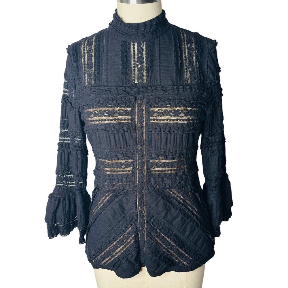 Cinq à Sept Black Victorian Lace High Mock Neck Bell Sleeve Blouse Size Large